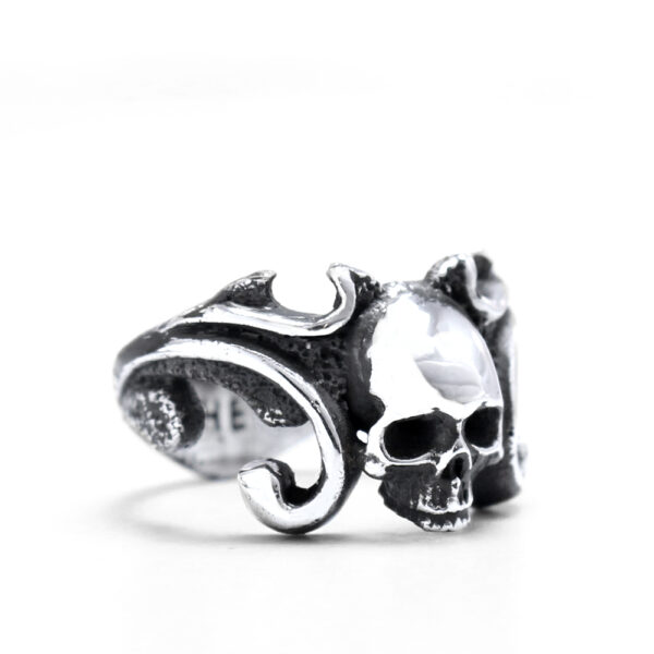 Ether11 Sterling Silver Skull Ring with Scroll Shank