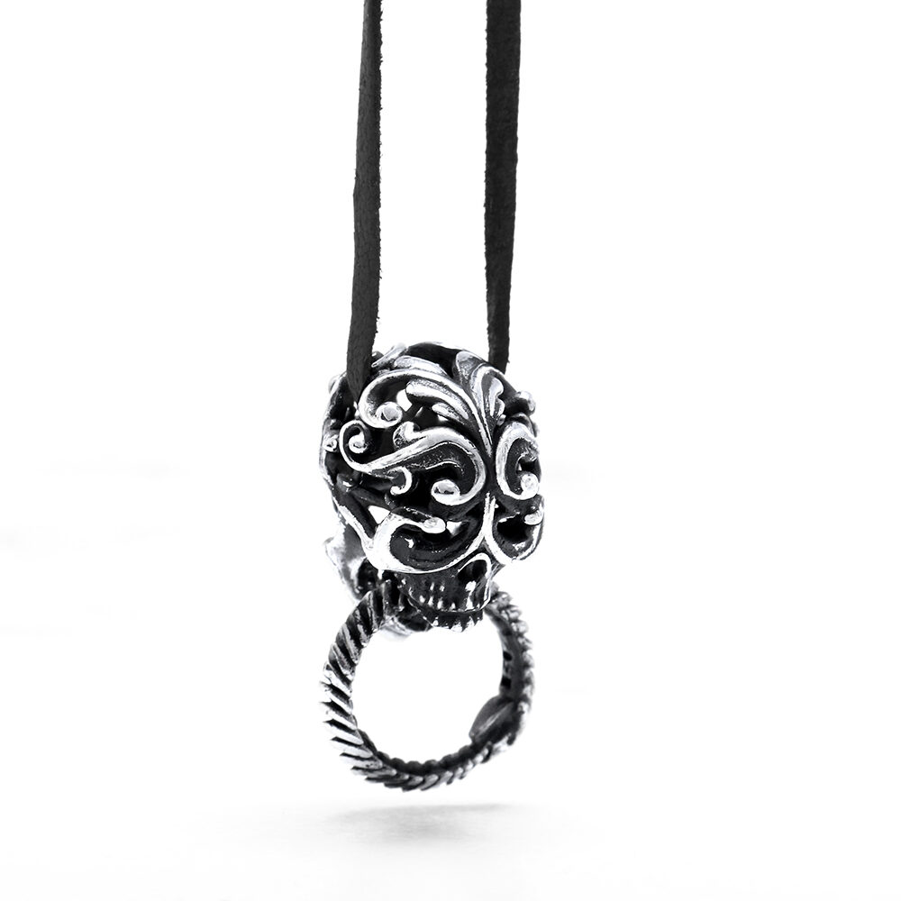 Ether11 Silver Filigree Skull with Ouroboros Pendant