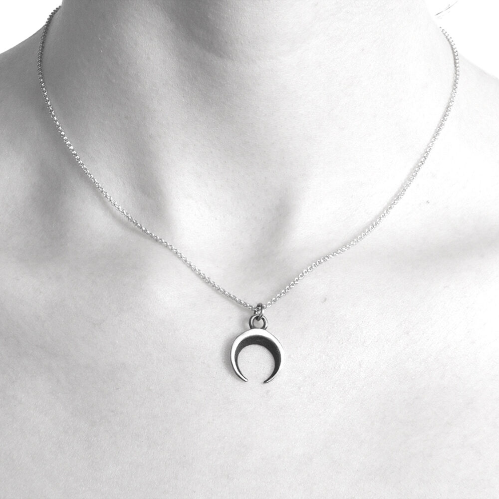 Ether11 Sterling Silver Crescent Moon Pendant on Micro Rolo Chain