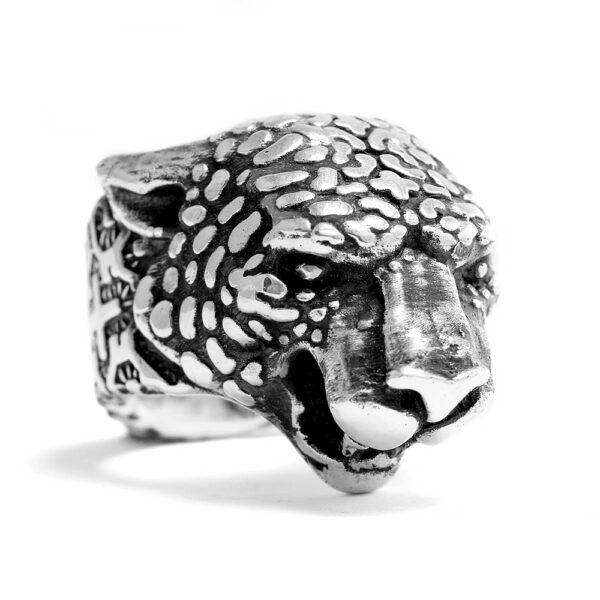 Ether11 Shipibo Tribal Geometric Pattern Jaguar Sterling Silver Ring