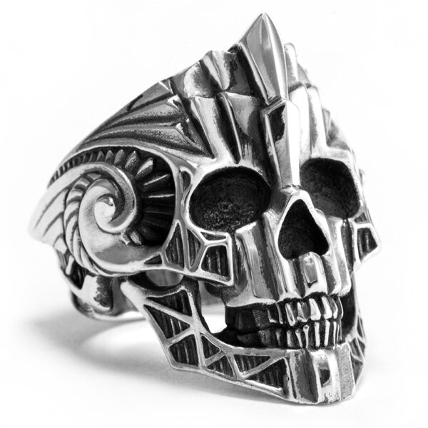 Ether11 Metropolis Silver Skull Ring Inspired by Art Deco Architecture