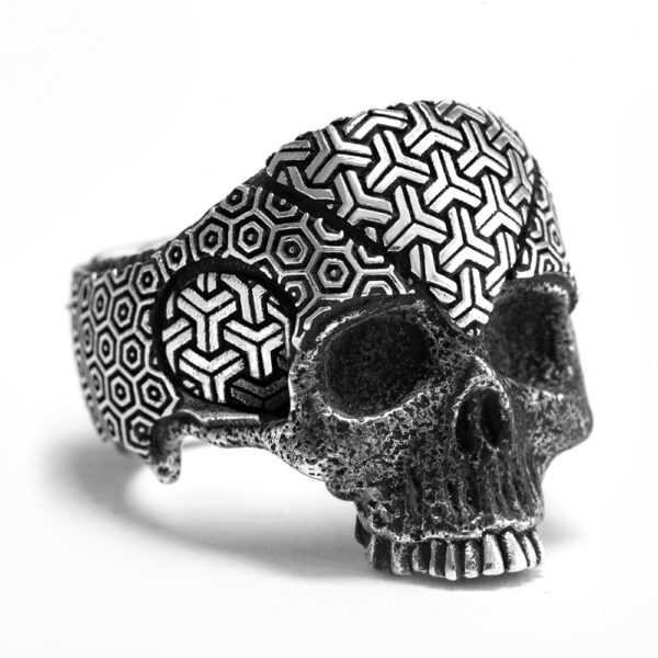 Ether11 Cosmic Sacred Geometry Pattern Sterling Silver Skull Ring