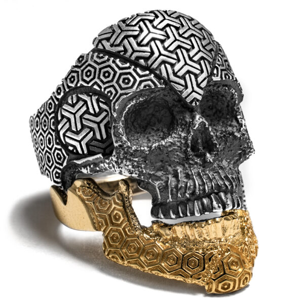 Ether11 Cosmic Sacred Geometry Pattern Sterling Silver Skull 10k Solid Gold Ring