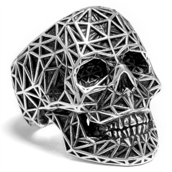 Ether11 Quantum Geometric Low Polygon Pattern Skull Silver Ring