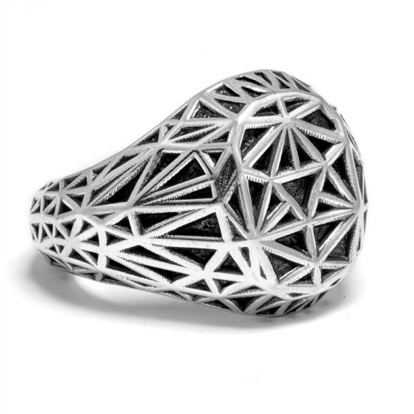 Ether11 Quantum Geometric Low Polygon Pattern Silver Signet Ring