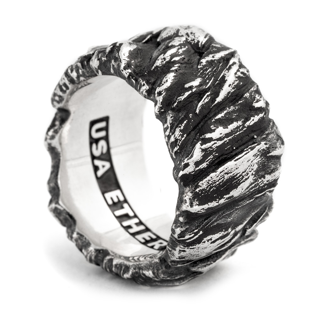 Ether 11 Stone Cliff Carved Band Sterling Silver Ring
