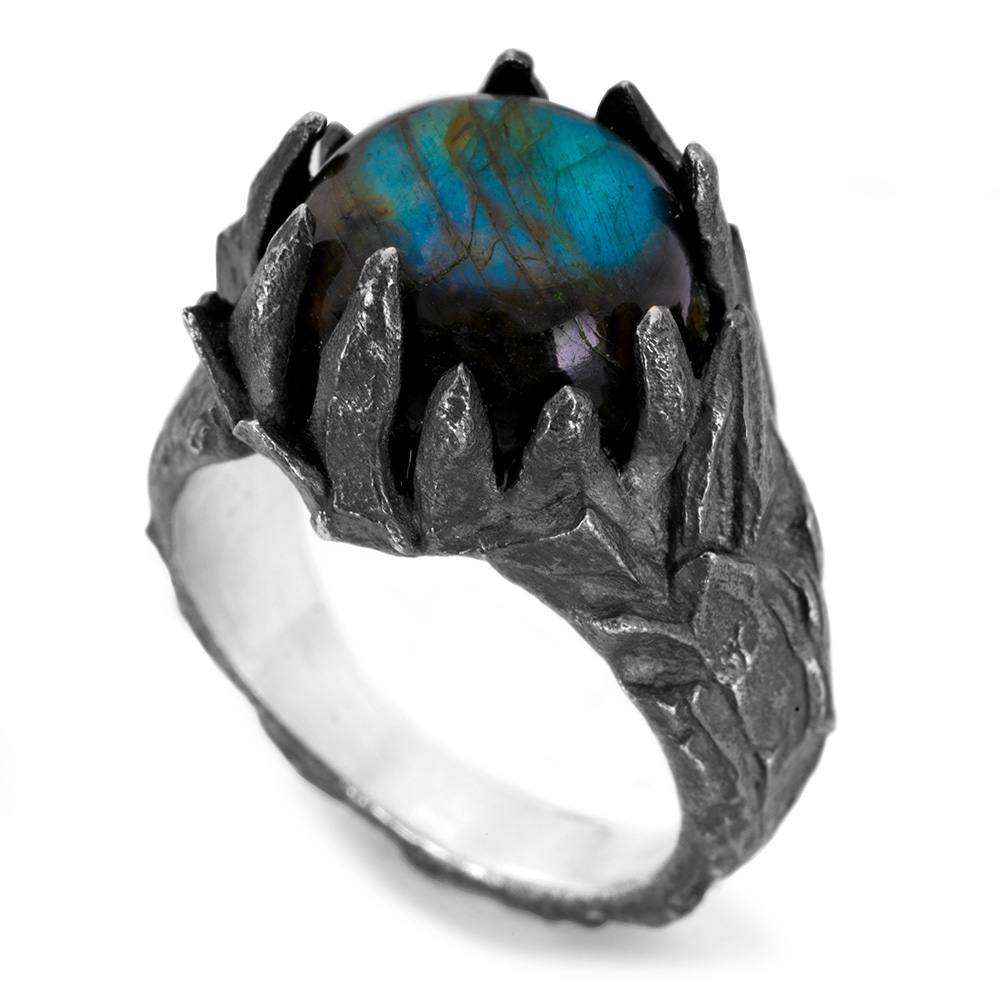 Ether 11 Obscurite Ring black sterling silver oxidized carved stone texture with labradorite gemstone.