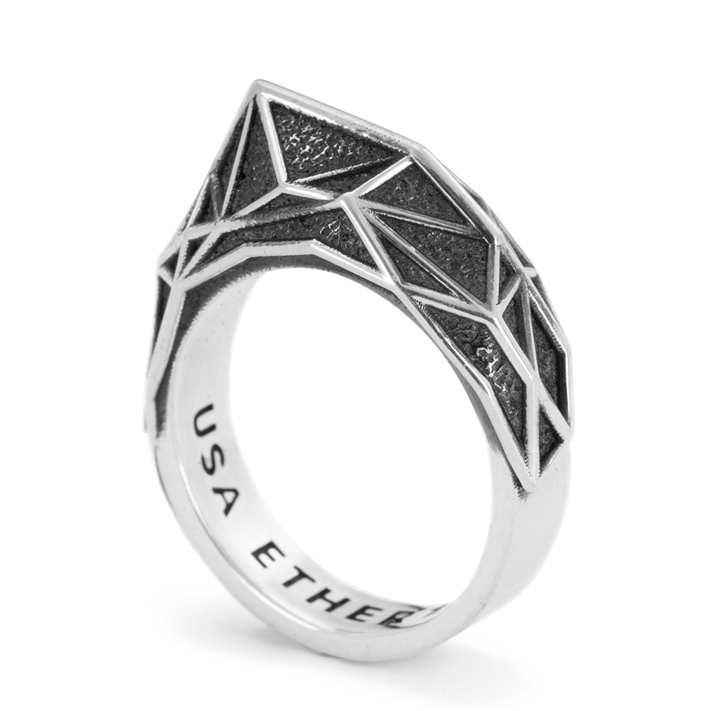 Ether 11 Quantum Ridge Ring Cast in High Contrast Oxidized Sterling Silver. Geometric Edgy Design