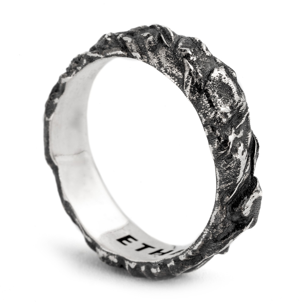 Ether 11 Thin Stone Carved Band Cast in Oxidized Sterling Silver