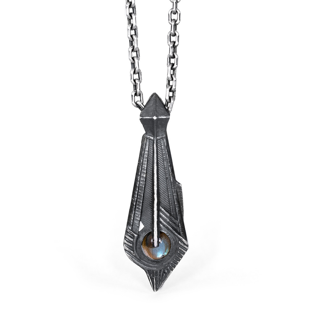 Ether 11 Memory Pendant with labradorite stone. Futuristic alien artifact modern necklace.