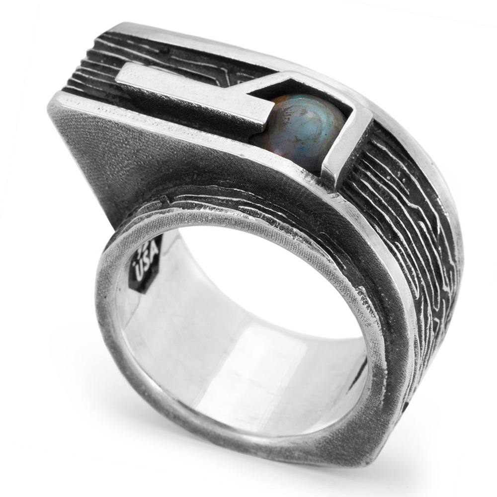 Ether 11 Gravity Ring with Labradorite gemstone. Futuristic alien modern brutalist design inspired by DUNE